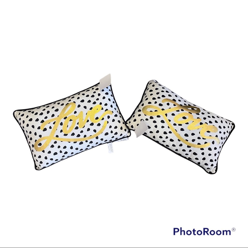 White and Black Polka Dot Love Decorative Pillow Set of 2 Gold Lettering NWT